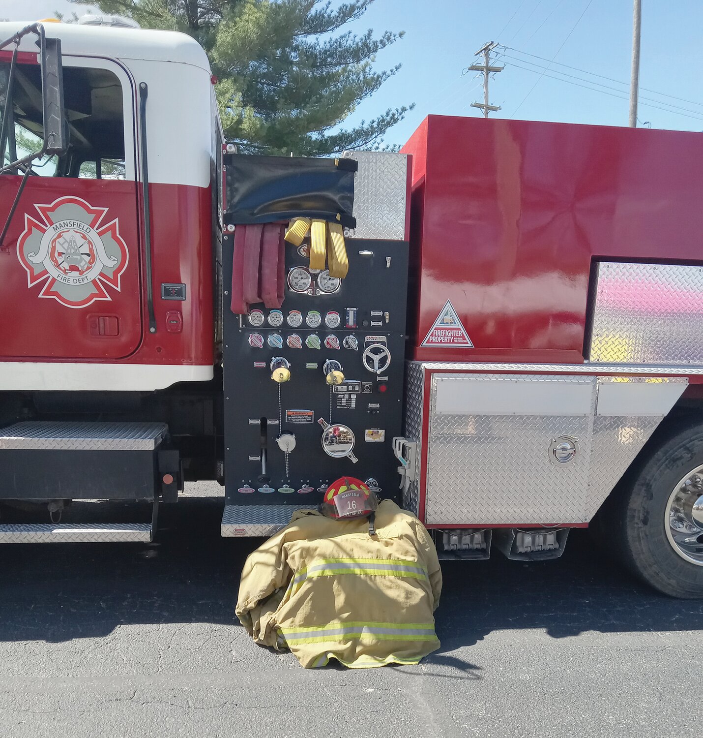 Firefighting equipment was placed alongside a fire truck during the annual “Bark in the Park” event held in Mansfield.